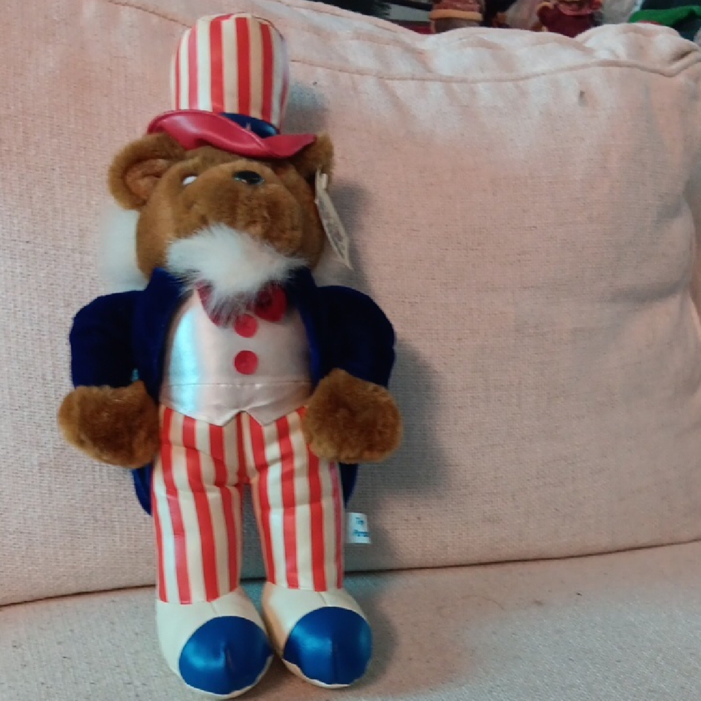 Vintage Patriotic Bear Plush with Striped Outfit